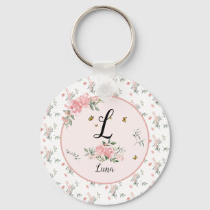 Watercolor Elegant Pink Roses with Butterflies Key Ring