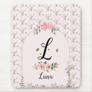 Watercolor Elegant Pink Roses with Butterflies Mouse Pad