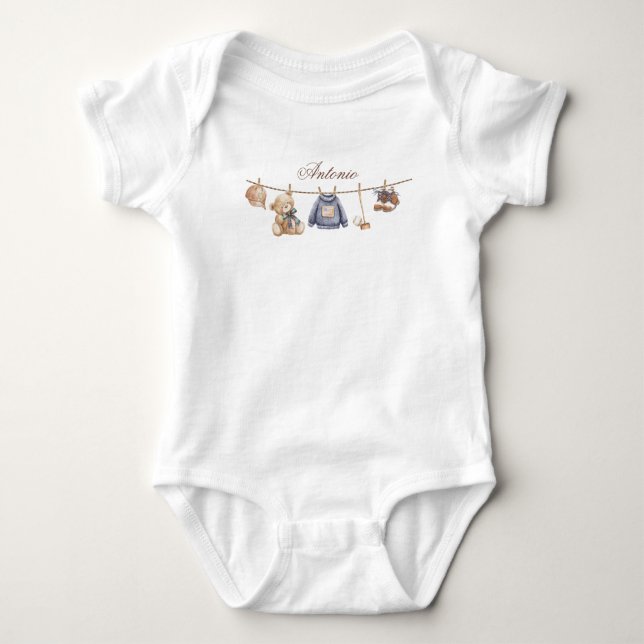 Watercolor Elegant Plaid Teddy Bear Baby Shower Baby Bodysuit (Front)