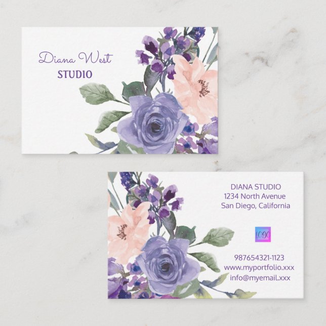 Watercolor Elegant  Purple Floral Business Card (Front/Back)