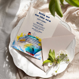 Watercolor Elegant Seascape Beach Cruise Wedding Invitation