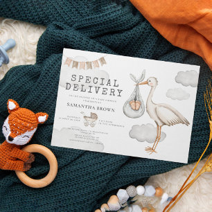 Watercolor Elegant Stork Baby Shower Invitation