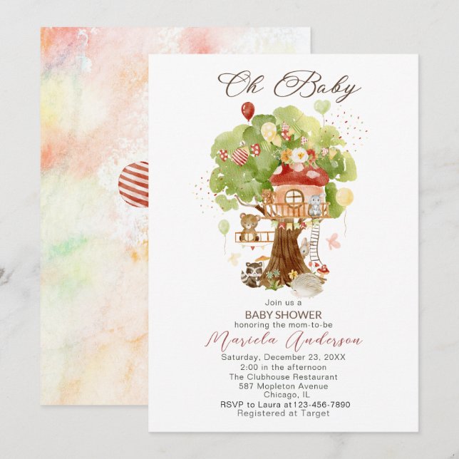 Watercolor Elegant Woodland Party Baby Shower Invitation (Front/Back)