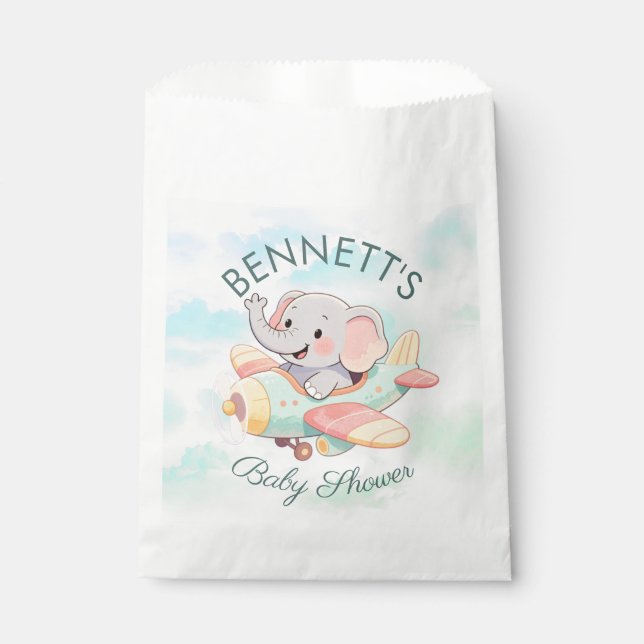Watercolor Elephant Airplane Baby Shower Favor Bag (Front)