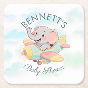 Watercolor Elephant Airplane Baby Shower Square Paper Coaster