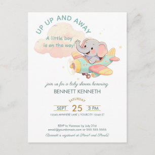 Watercolor Elephant Airplane Boy Invitation Postcard