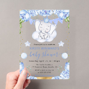 Watercolor Elephant and Blue Roses Baby Shower Acrylic Invitations