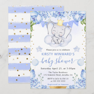 Watercolor Elephant and Blue Roses Baby Shower Invitation