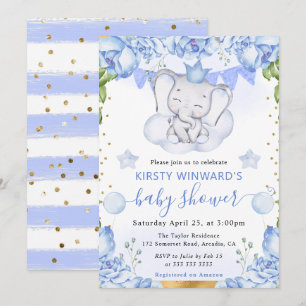 Watercolor Elephant and Blue Roses Baby Shower Invitation