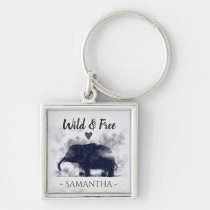Watercolor Elephant Art Wild and Free Personalised Key Ring