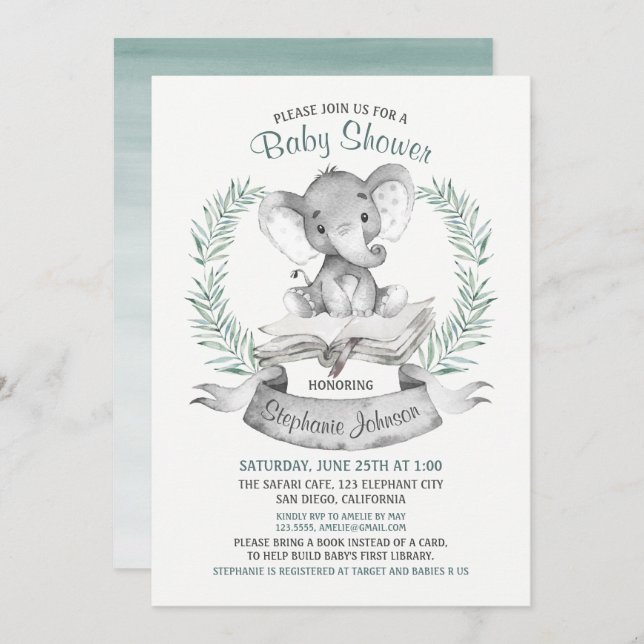 Watercolor Elephant Baby Shower Book Invitation (Front/Back)
