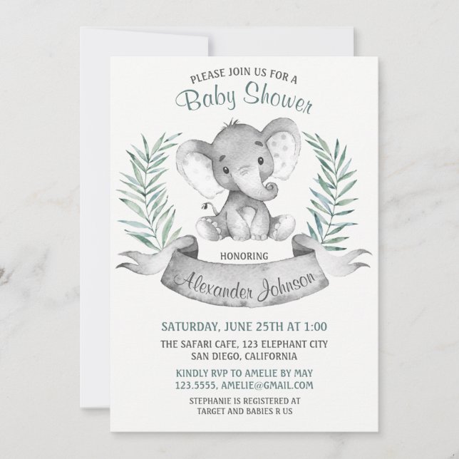 Watercolor Elephant Baby Shower Invitation (Front)