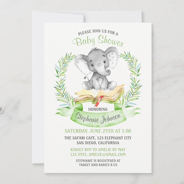 Watercolor Elephant Baby Shower Invitation (Front)