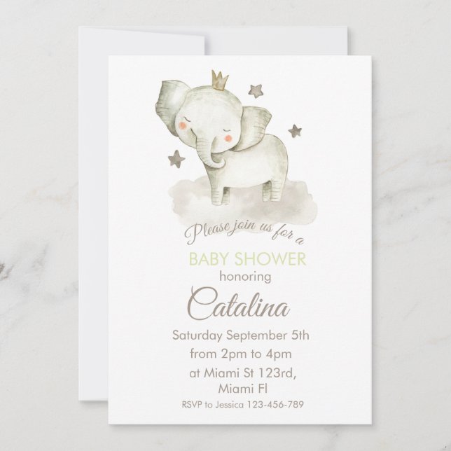 Watercolor Elephant Baby Shower Invitation (Front)