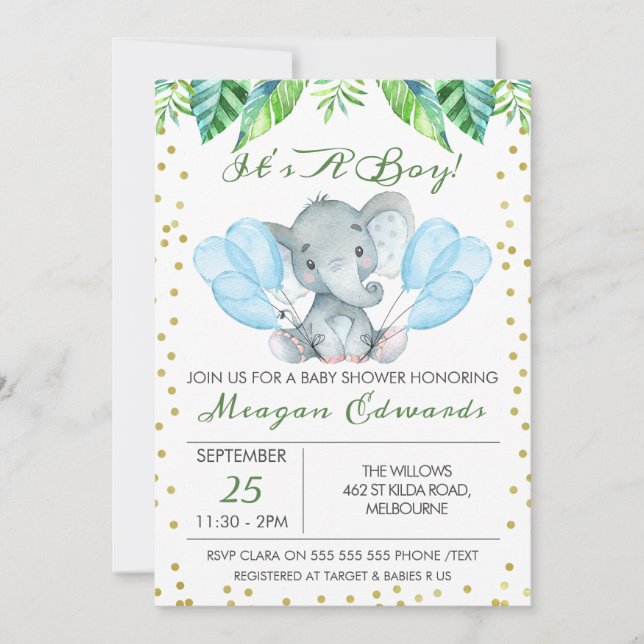 Watercolor Elephant Baby Shower Invitation (Front)