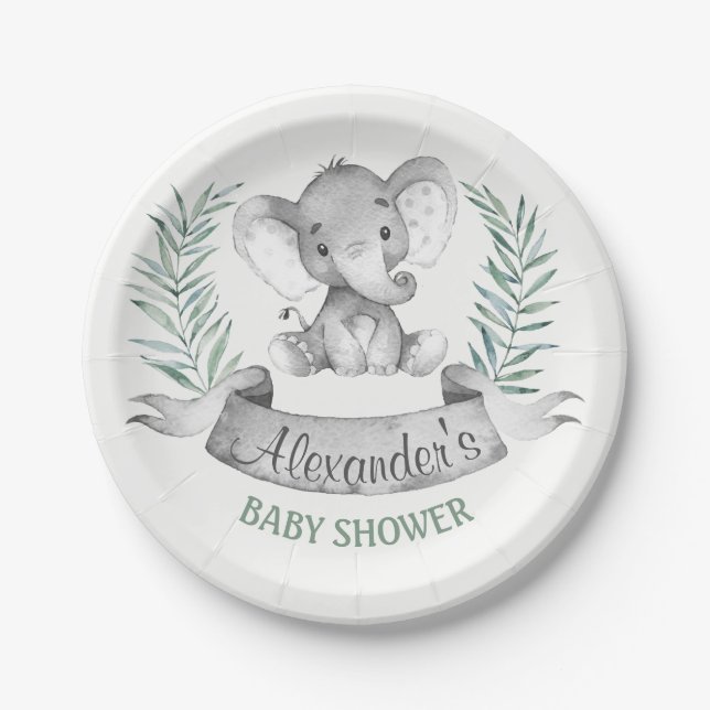 Watercolor Elephant Baby Shower Paper Plate (Front)