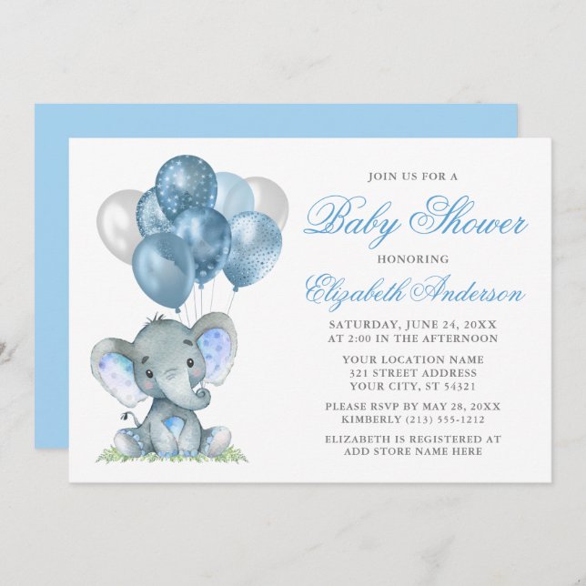 Watercolor Elephant Balloons Baby Shower Blue Invitation (Front/Back)