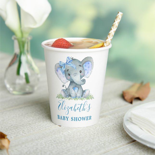 Watercolor Elephant Blue Bow Baby Shower Paper Cups (Insitu)