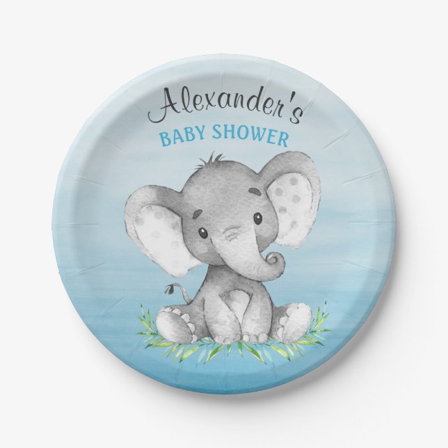 Watercolor Elephant Boy Baby Shower Paper Plate (Front)