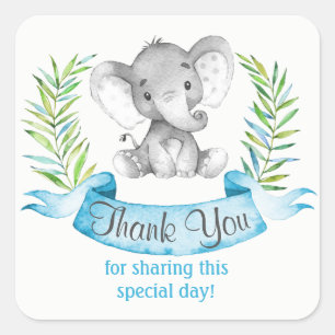 Watercolor Elephant Boy Thank You Square Sticker