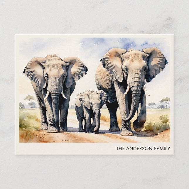 Watercolor Elephant Family Personalised Name Postcard (Front)