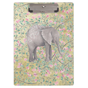 Watercolor Elephant Flowers Gold Glitter Clipboard