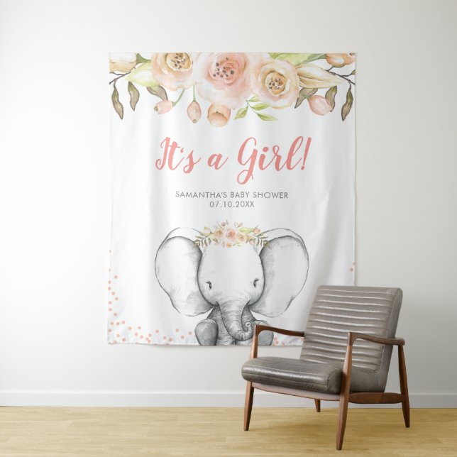 Watercolor Elephant Girl Baby Shower Backdrop Tapestry (In Situ)