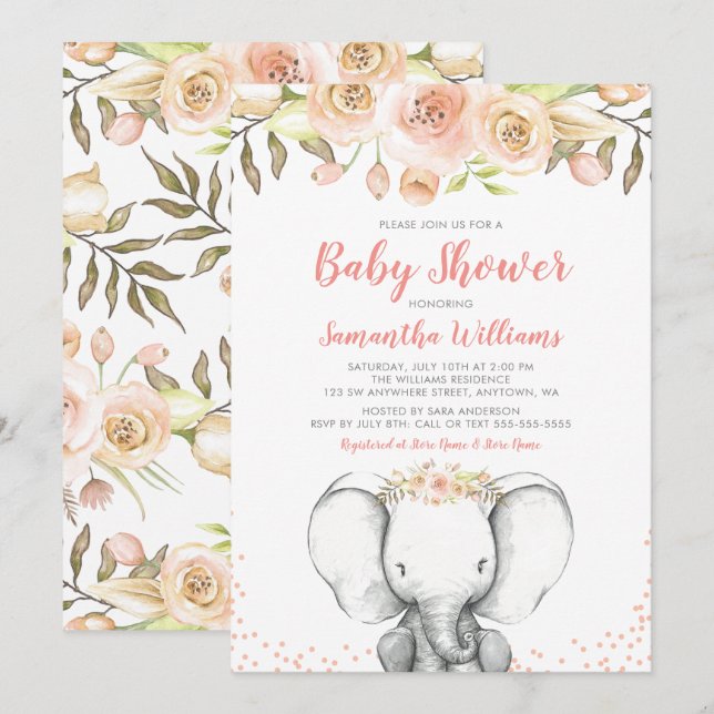 Watercolor Elephant Girl Baby Shower Invitations (Front/Back)