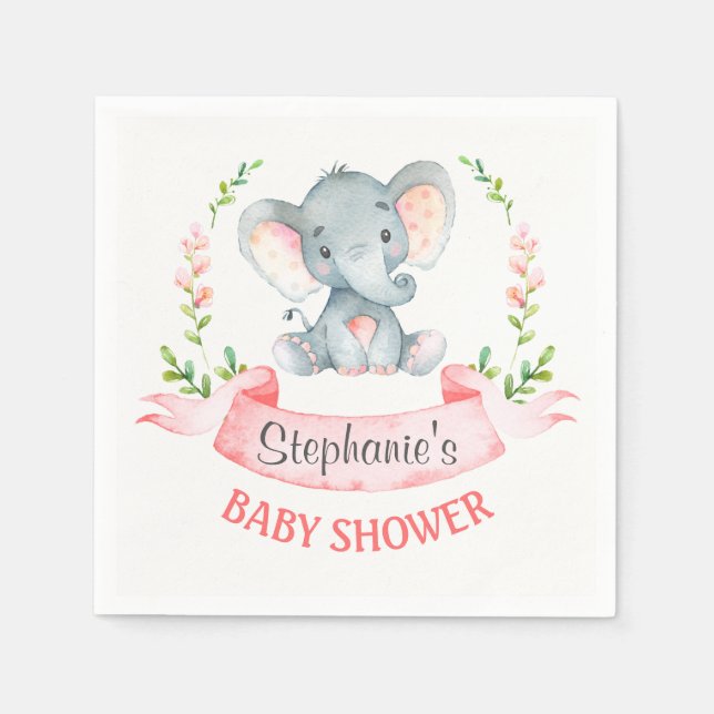 Watercolor Elephant Girl Baby Shower Napkin (Front)