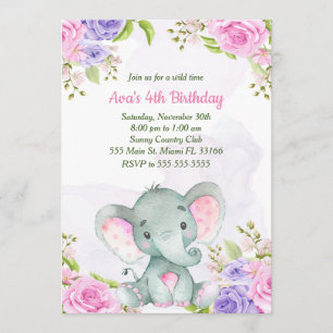 Watercolor Elephant Girl Birthday Invitation