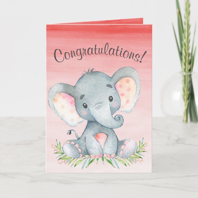 Watercolor Elephant Girl Congratulations Card (Front)