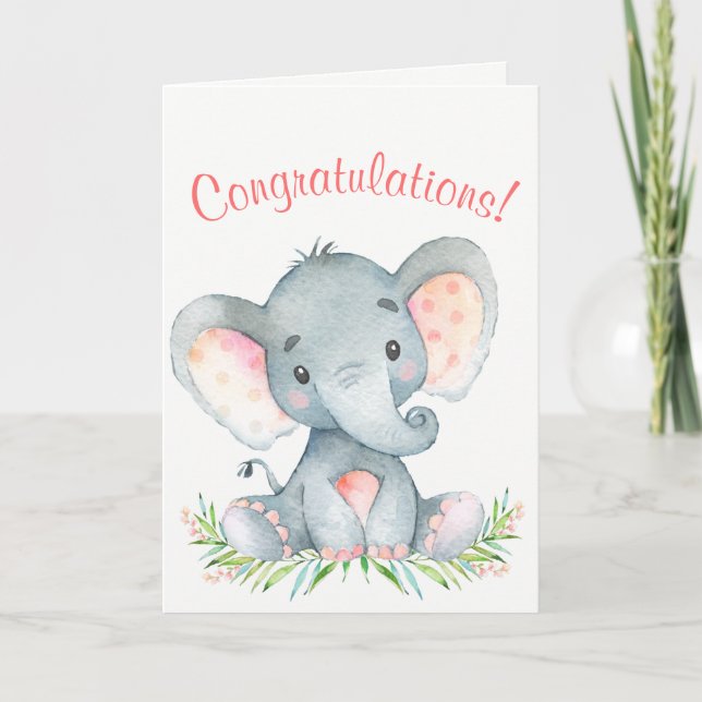 Watercolor Elephant Girl Congratulations Card (Front)