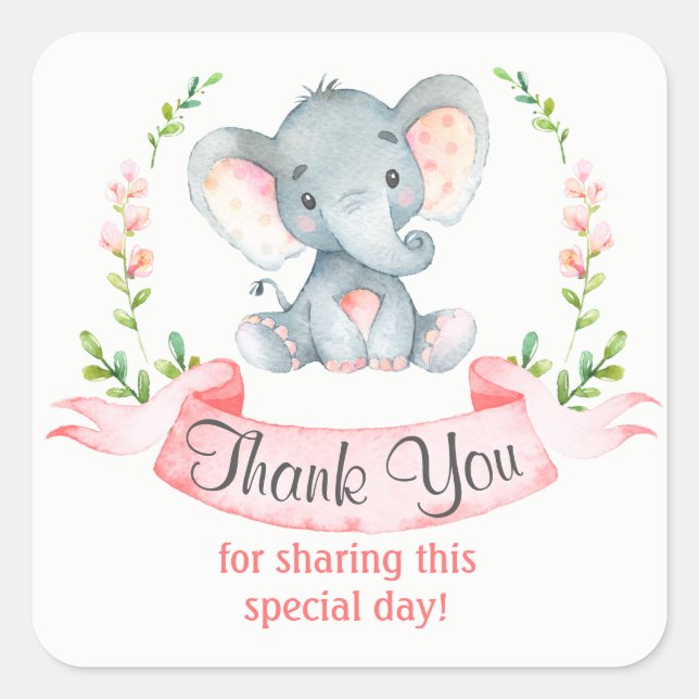 Watercolor Elephant Girl Thank You Square Sticker (Front)