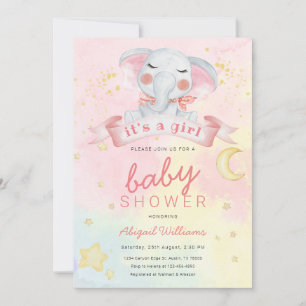 Watercolor elephant girl with stars baby shower invitation
