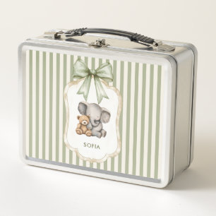 Watercolor Elephant Hugging Teddy Bear Green Bow Metal Lunch Box