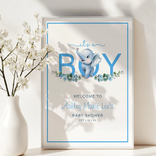 Watercolor Elephant It's a Boy Baby Shower Welcome Poster