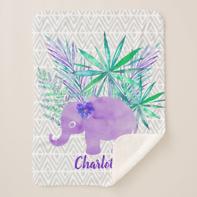 Watercolor Elephant Jungle Tropical Customisable Sherpa Blanket (Front)