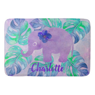 Watercolor Elephant Jungle Tropical Monstera Leaf Bath Mat