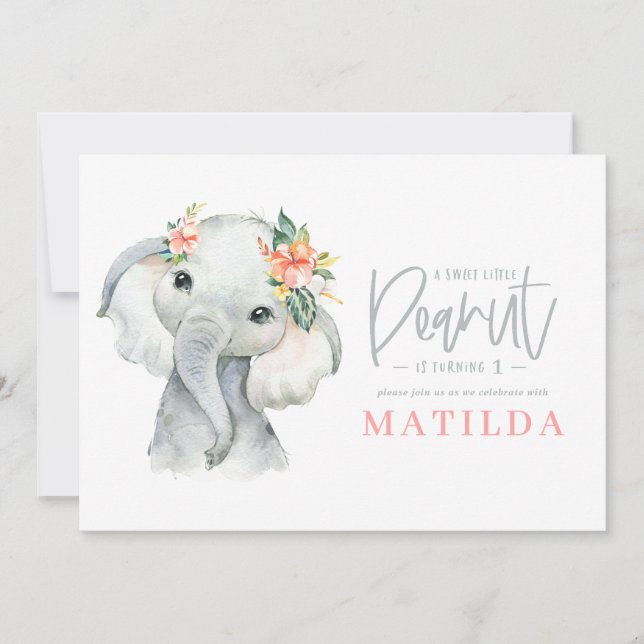 Watercolor elephant little girl birthday party (Front)