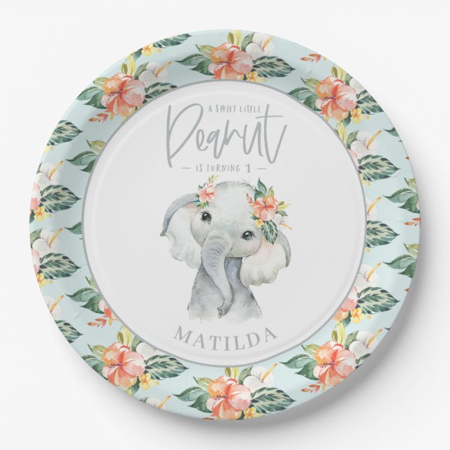 Watercolor elephant little peanut birthday party paper plate (Front)