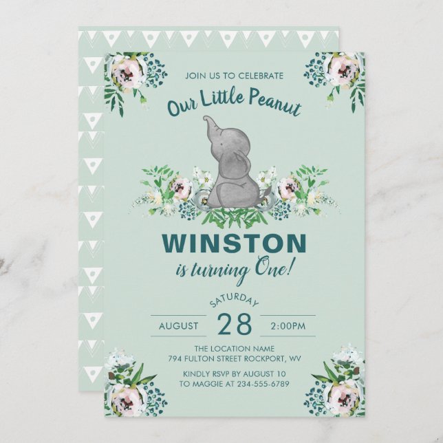 Watercolor Elephant Mint Green Floral 1st Birthday Invitation (Front/Back)