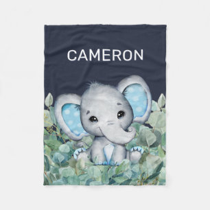 Watercolor Elephant Navy Blue Personalised Name Fleece Blanket