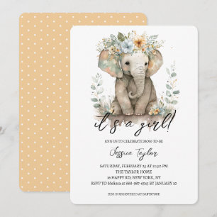 Watercolor Elephant Peach Floral Girl Baby Shower  Invitation