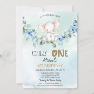 Watercolor Elephant Roses Leaves 1st  Invitation