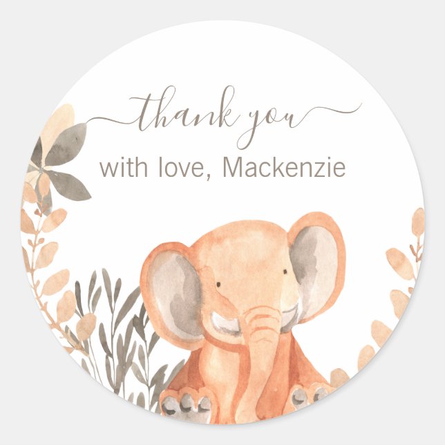 Watercolor Elephant Safari Baby Shower Classic Round Sticker (Front)