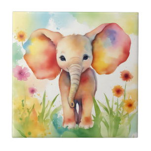 Watercolor Elephant Serene Colourful Ceramic Tile