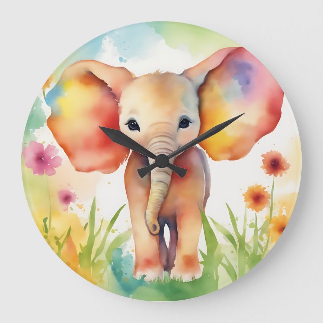 Watercolor Elephant Serene Colourful Large Clock (Front)