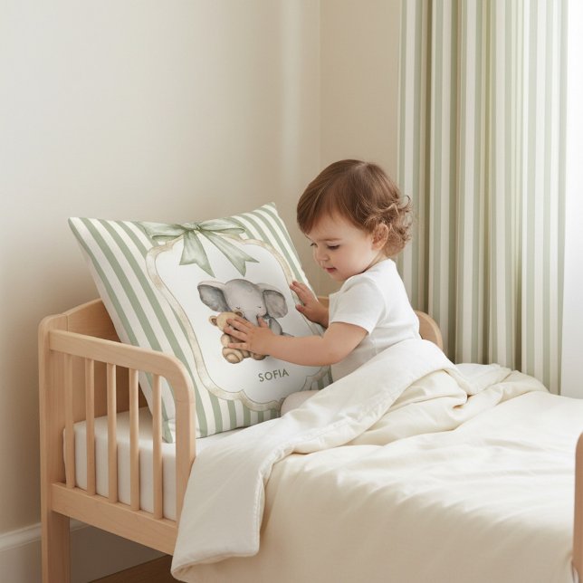 Watercolor Elephant Teddy Bear Hug Green Stripe  Cushion (Creator Uploaded)