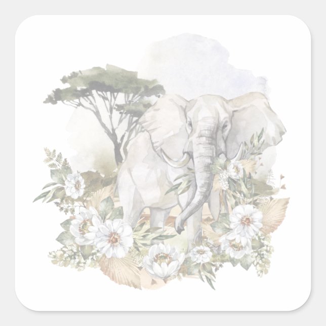 Watercolor Elephant & White Flowers Sticker (Front)