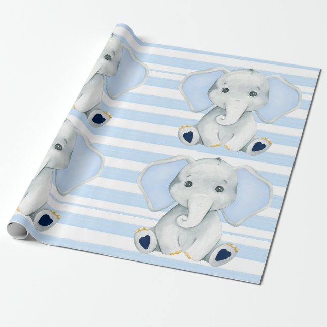 Watercolor Elephant With Blue Stripes Baby Shower Wrapping Paper (Unrolled)